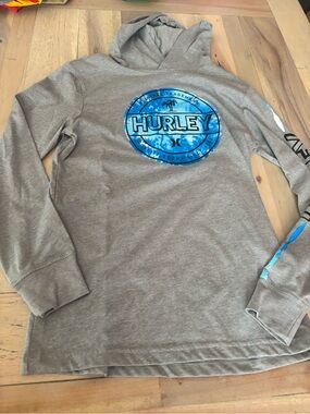 Hurley Gray Long-Sleeve Hooded Tee with Blue Logo